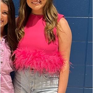 Pink, Long Cropped Feather Shirt